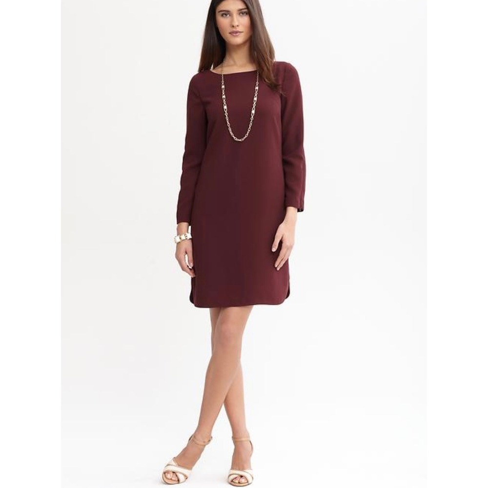 Banana Republic Crepe Shift Dress Lyon Wine Burgundy Zipper Sleeves 12 Office